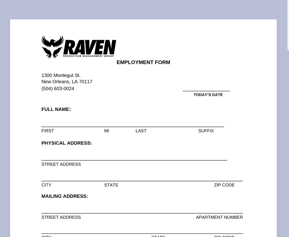 Raven employment form