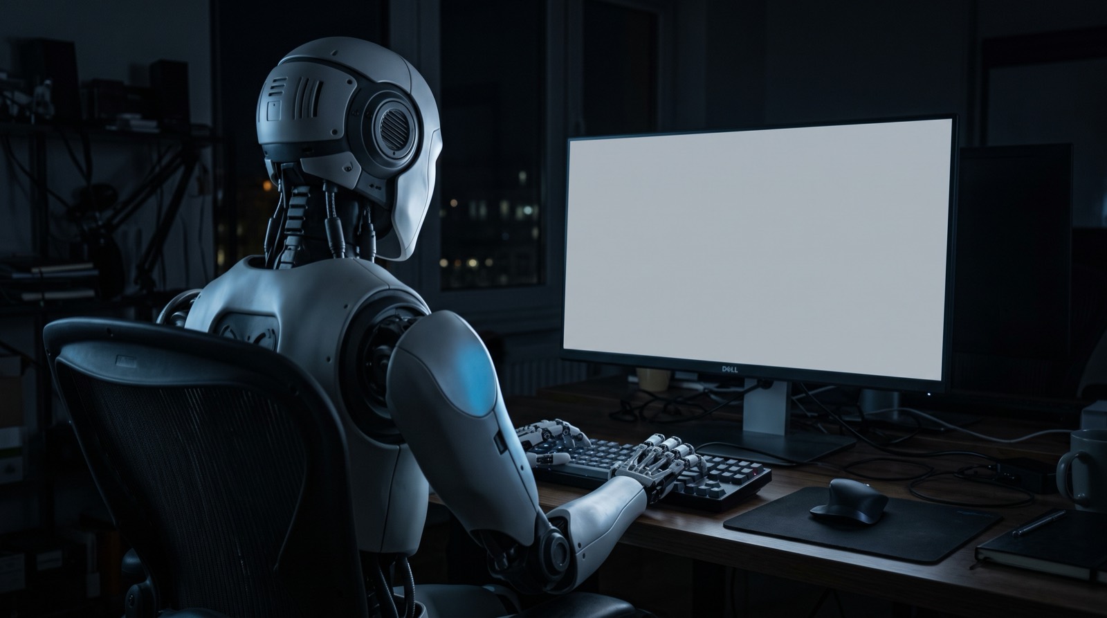 A robot working at a computer in a dark room