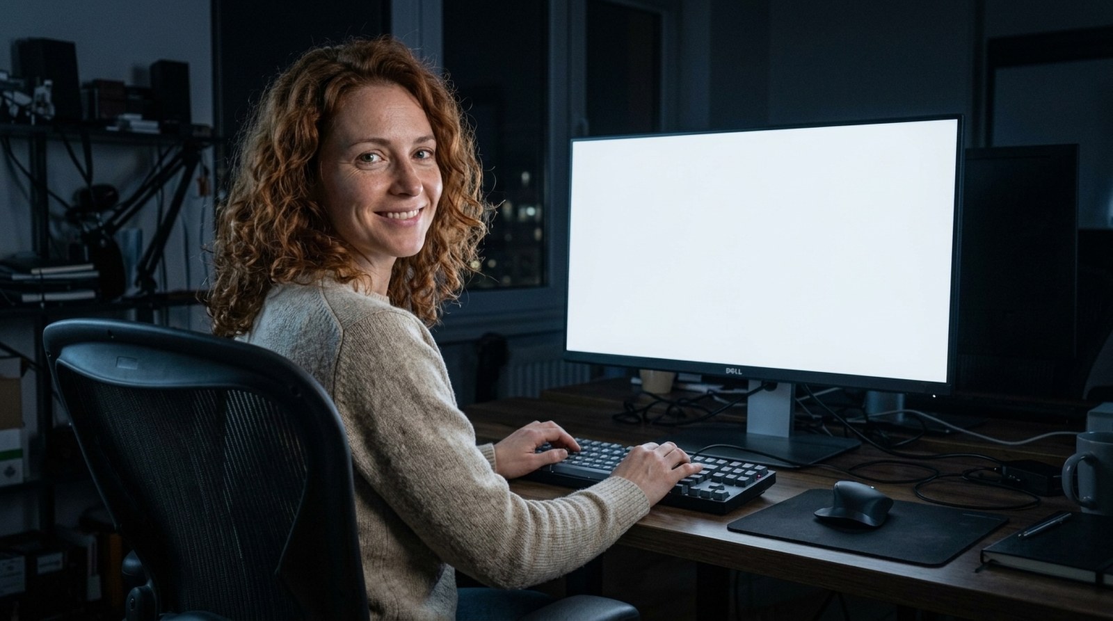 Samantha at the desk, turned toward the camera