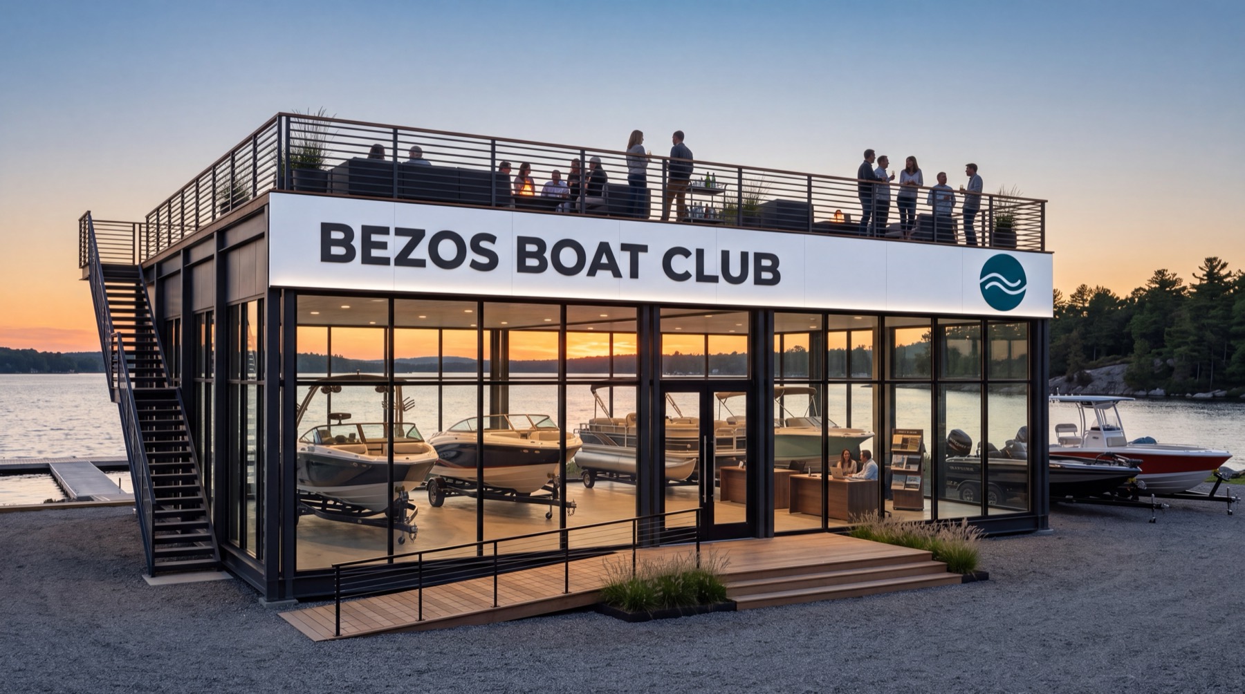 A modular waterfront boat showroom at sunset